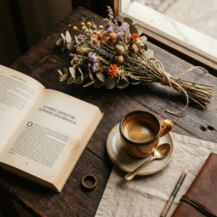 Xícara de café com livro aberto — ambiente da Cafeteria do Teatro